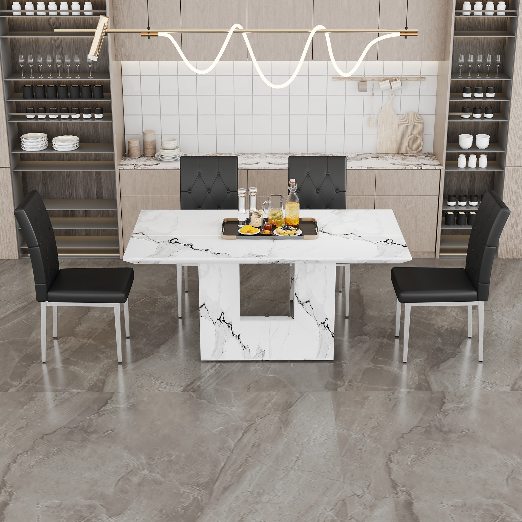 Table And Chair Set.63"X35.4" White Marble Patterned Mdf Dining Table Set With 4 Armless Black Pu Chairs.Showcasing A Modern And Stylish Look. Black,White Seats 4 Mdf Metal