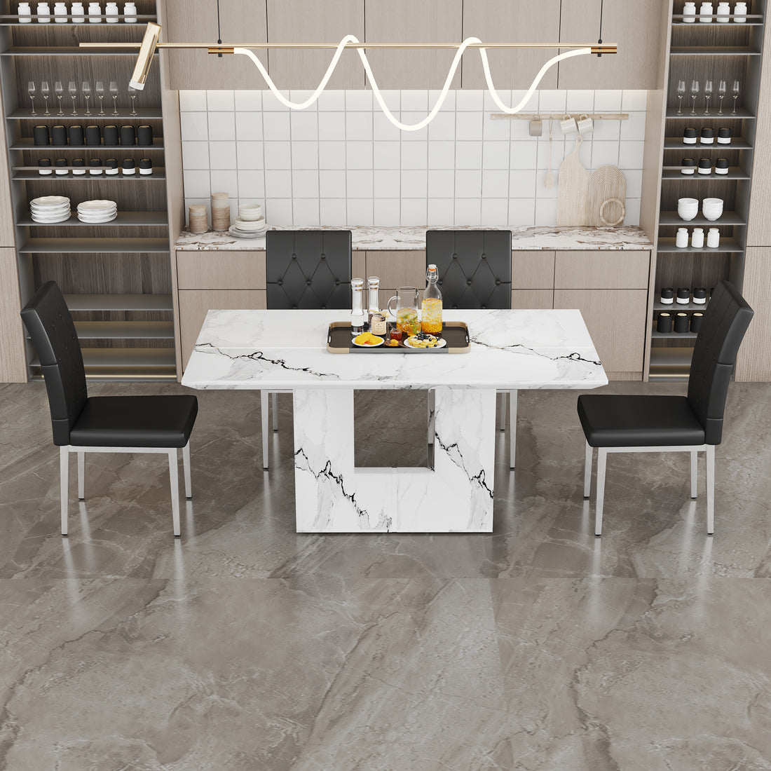 Table And Chair Set.63"X35.4" White Marble Patterned Mdf Dining Table Set With 4 Armless Black Pu Chairs.Showcasing A Modern And Stylish Look. Black,White Seats 4 Mdf Metal