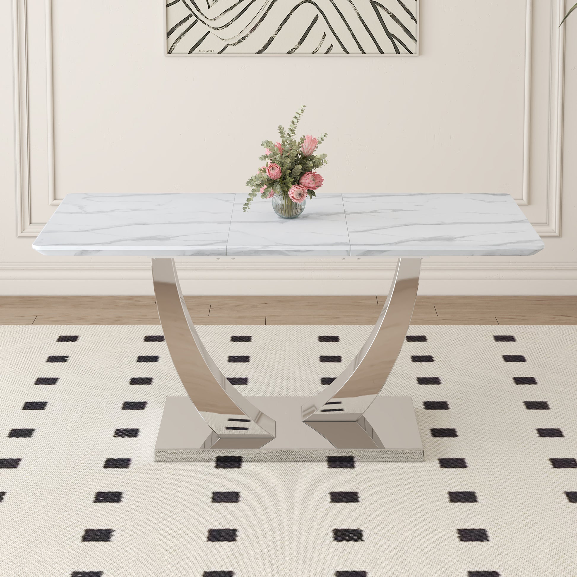 Modern Minimalist Rectangular Dining Table,White Marble Patterned Tabletop,Silver Table Legs. Used In Kitchen,Dining Room,And Living Room. Silver Mdf