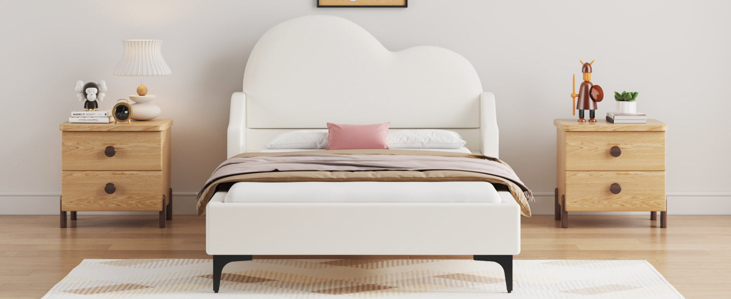 Twin Size Upholstered Platform Bed With Cloud Shaped Headboard, Beige Box Spring Not Required Twin Beige Bedroom Polyester Upholstered