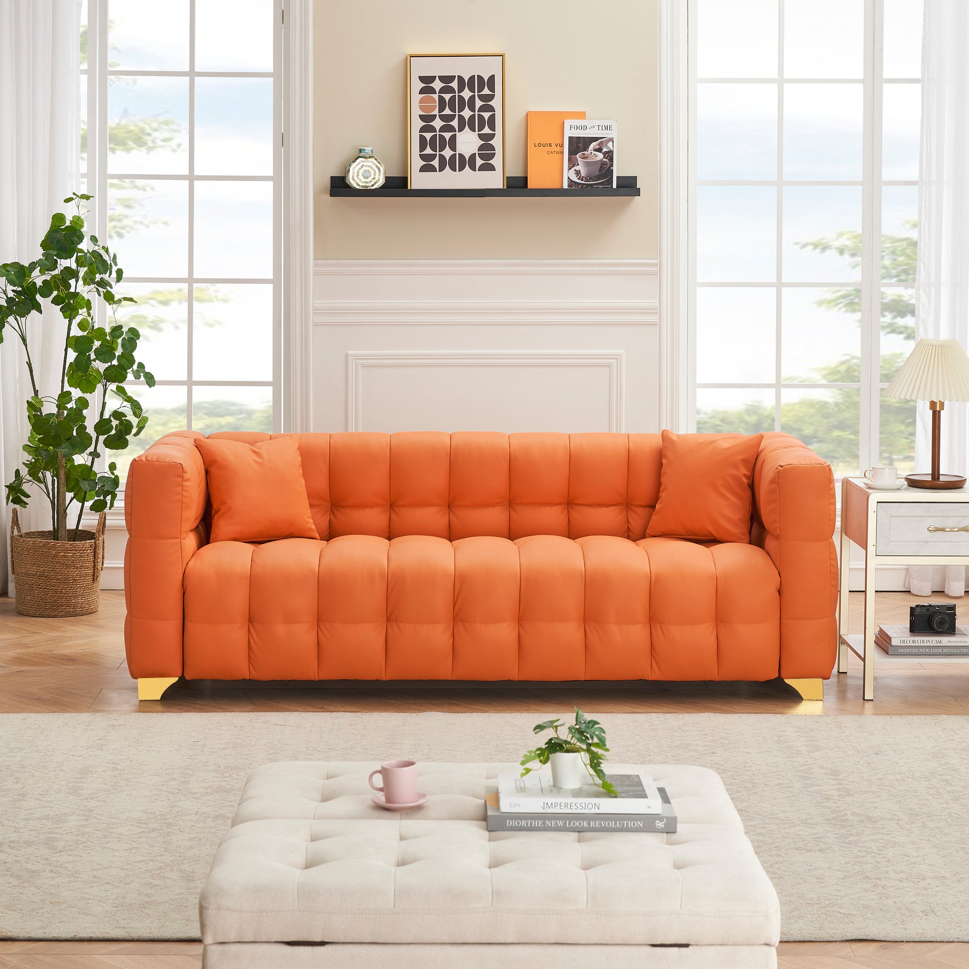 80 Inches Long, 21.7 Inches Deep, American Body Structure, Technology Fabric Sofa, 3 Seats Waterproof And Stain Proof, Orange Anti Cat Paw Sofa Orange Polyester Blend 3 Seat