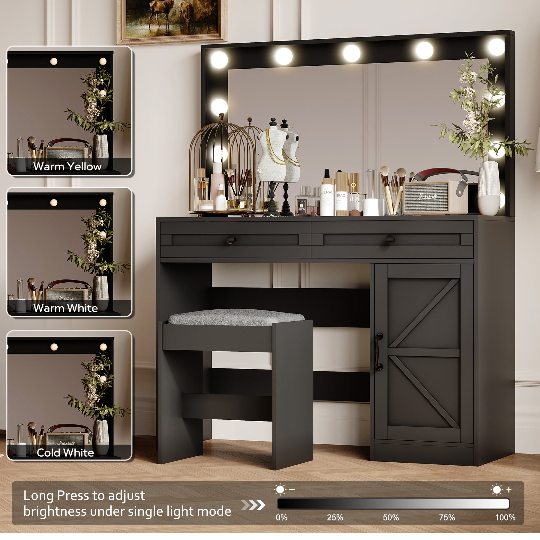 43.4"Makeup Vanity Table, Makeup Table With Large Mirror And 11 Led Lightbrightness Adjustable, Dressing Table Desk With 3 Drawers, Vanity Desk For Women Black With Stool Black Particle Board