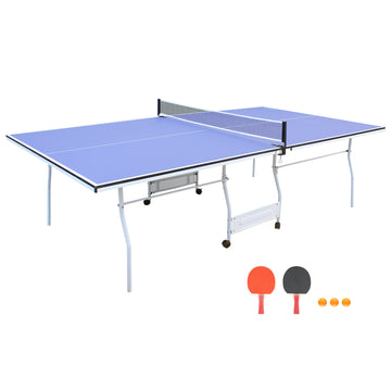 9Ft Mid Size Table Tennis Table Foldable & Portable Ping Pong Table Set For Indoor Games With Net, 2 Table Tennis Paddles And 3 Balls Blue Mdf