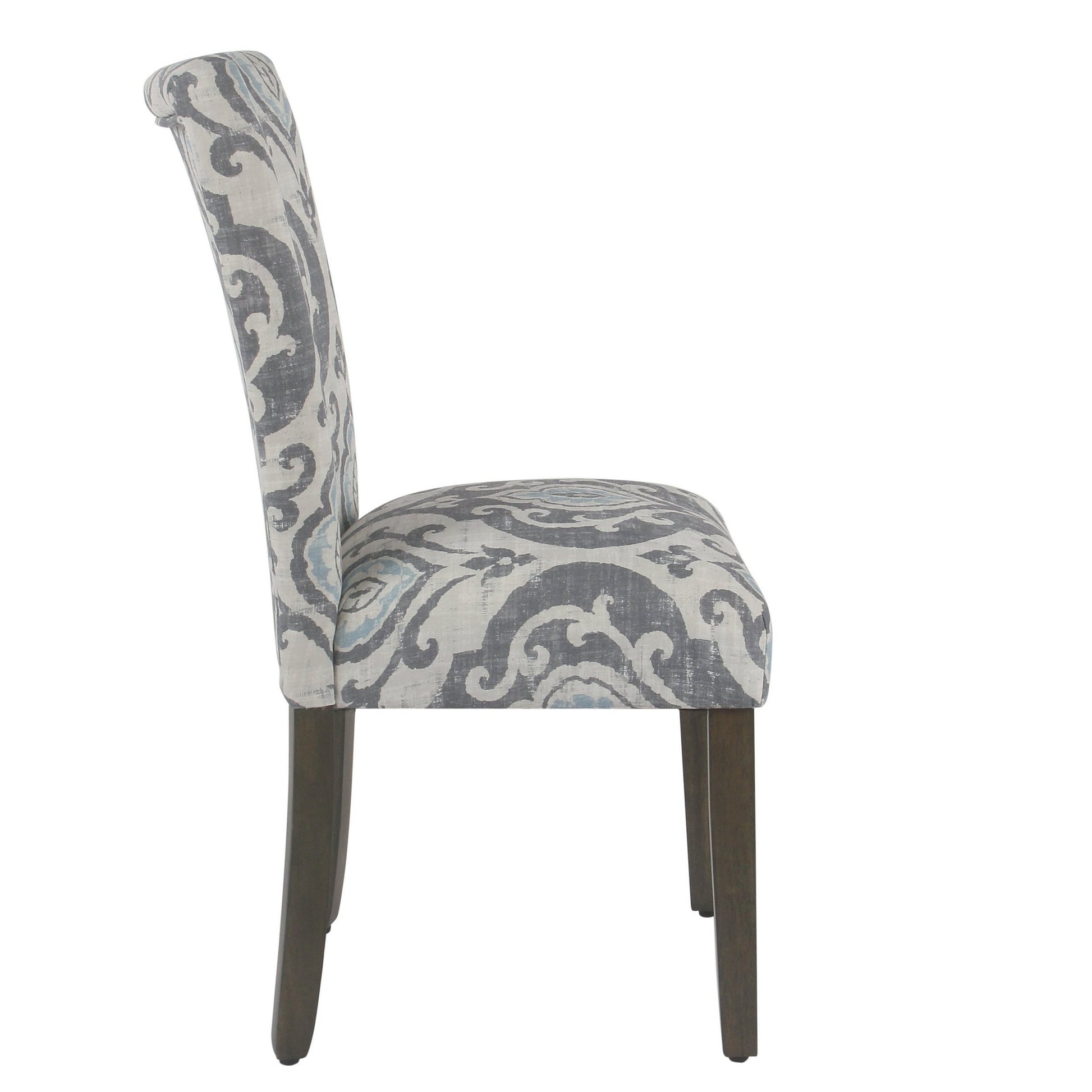 Wooden Dining Chair With Da Print Fabric Upholstery, Gray And Blue, Set Of Two Grey Blue Wood Fabric