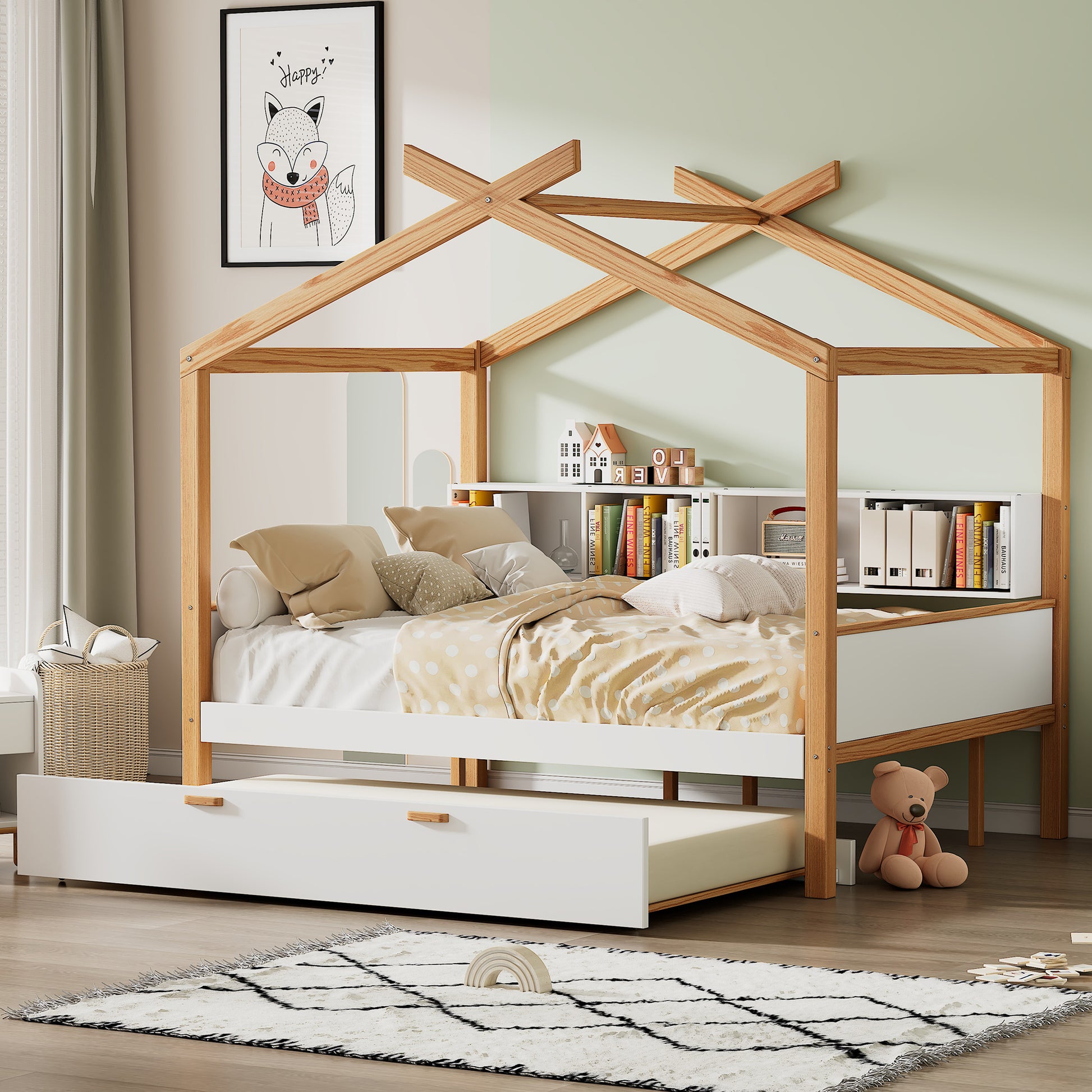 White Twin Size Wooden House Bed With Original Wood Colored Frame Twin Size Trundle And Bookshelf Storage Space For Children Or Guest Room Twin White Wood