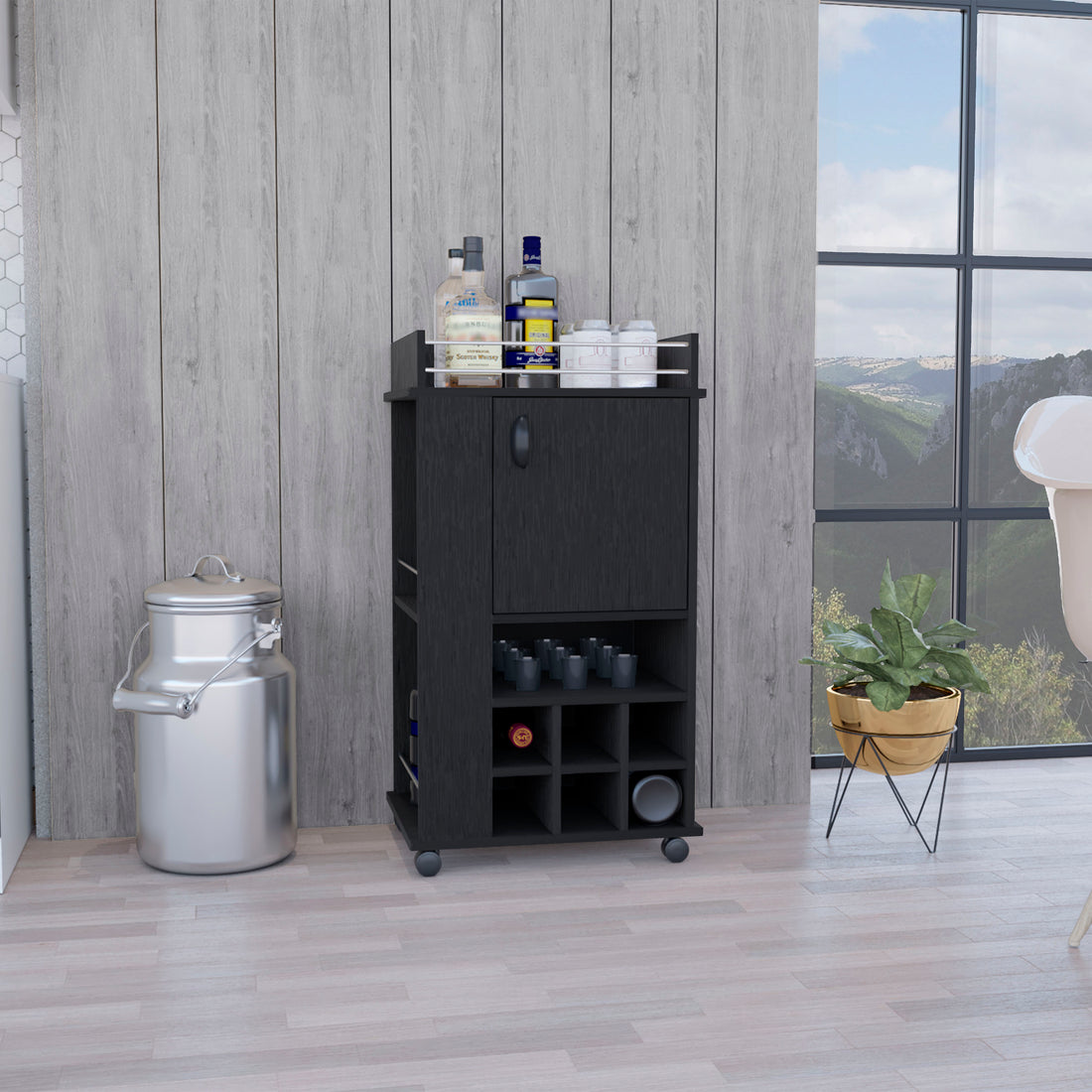 Fargo Bar Cart With Cabinet, 6 Built In Wine Rack And Casters Black Primary Living Space Modern Particle Board Engineered Wood