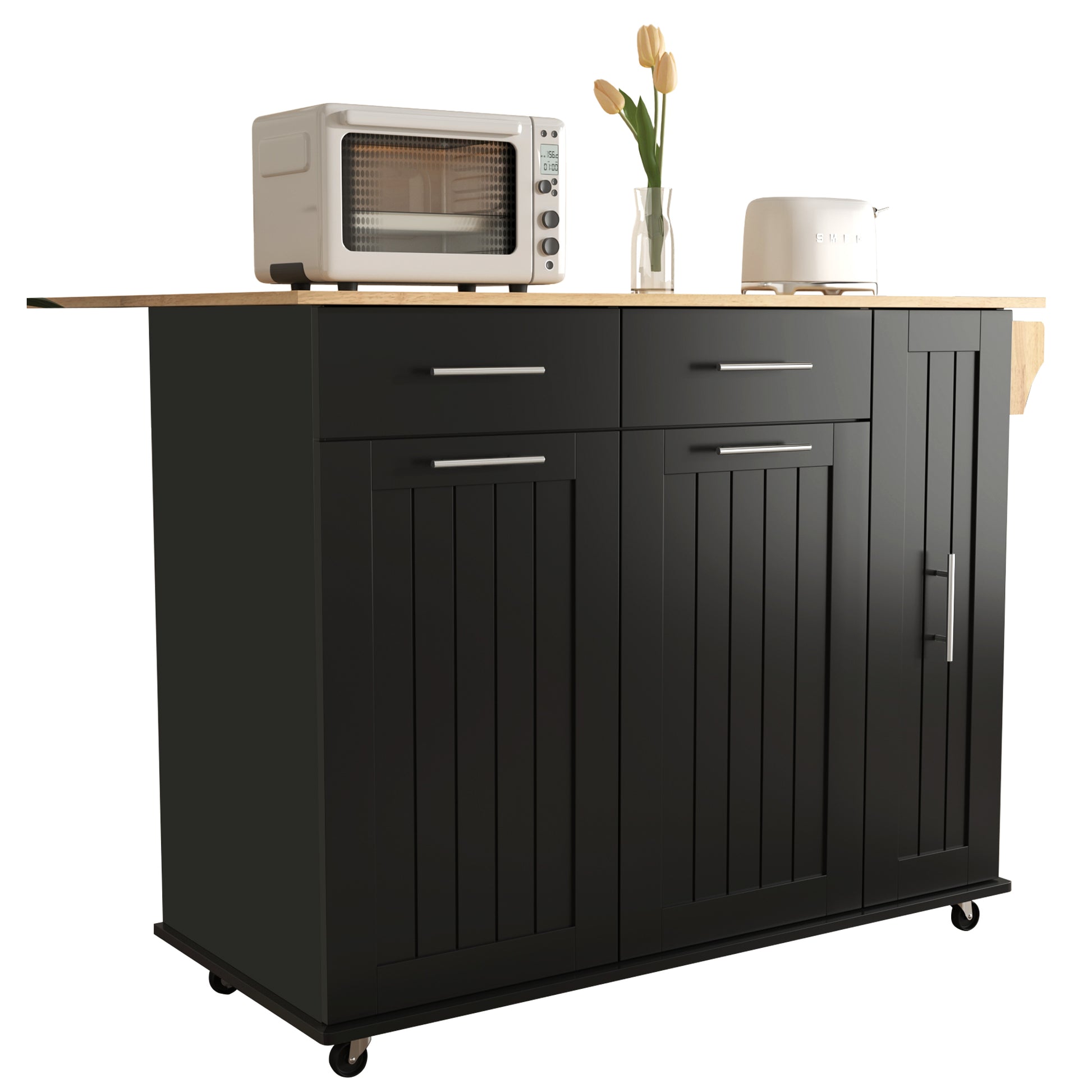 K&K Kitchen Island With Drop Leaf, Kitchen Storage Cart With 3 Tier Pull Out Cabinet Organizer, Internal Storage Rack, Rolling Kitchen Cart On Wheels With Towel Rack, 2 Drawers, For Kitchen, Black Black Brown Kitchen Classic,Farmhouse,Luxury,Modern