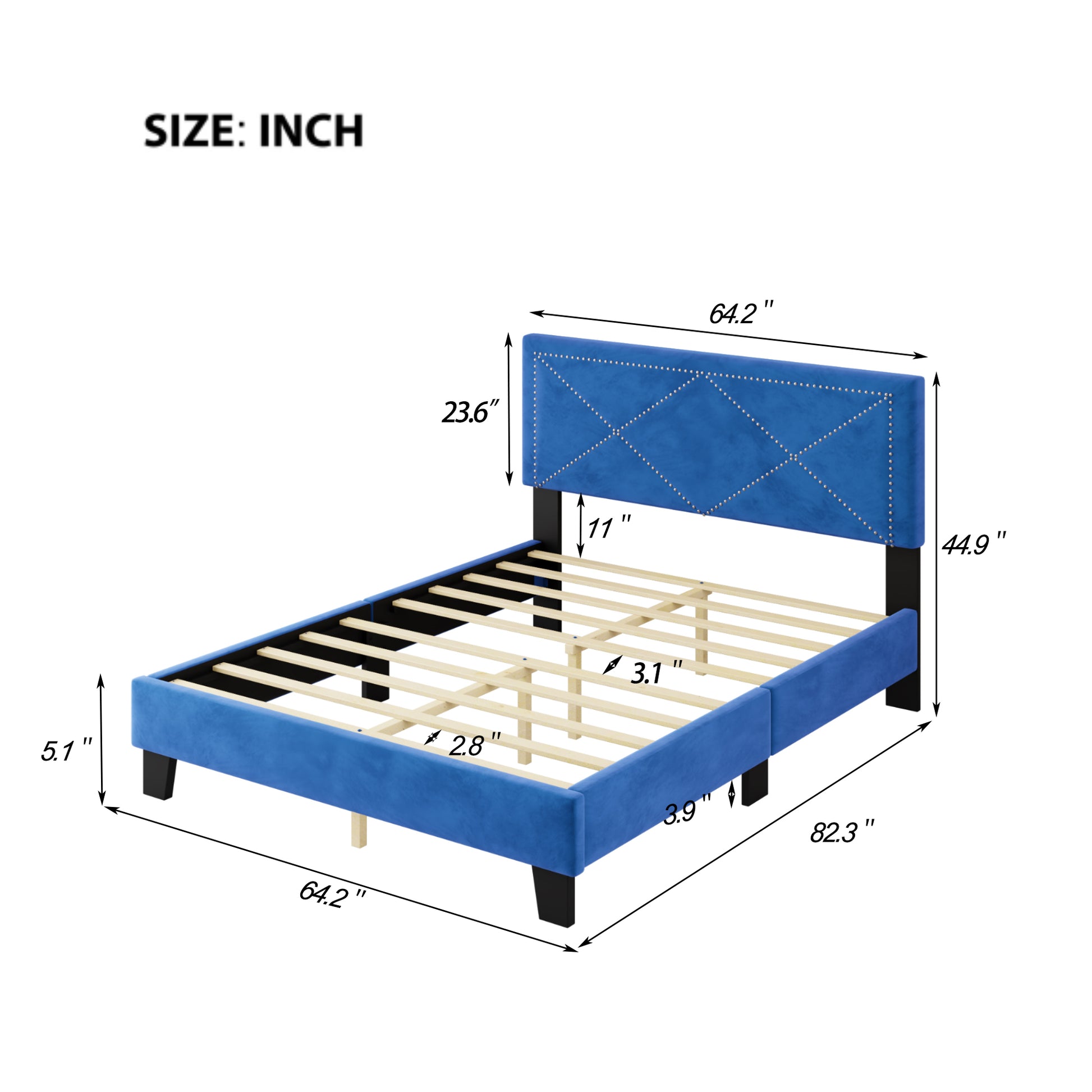 Simple Queen Size Upholstered Bed Frame With Rivet Design, Modern Velvet Platform Bed With Headboard, Blue Queen Blue Bedroom Bed Frame Velvet Solid Wood Mdf