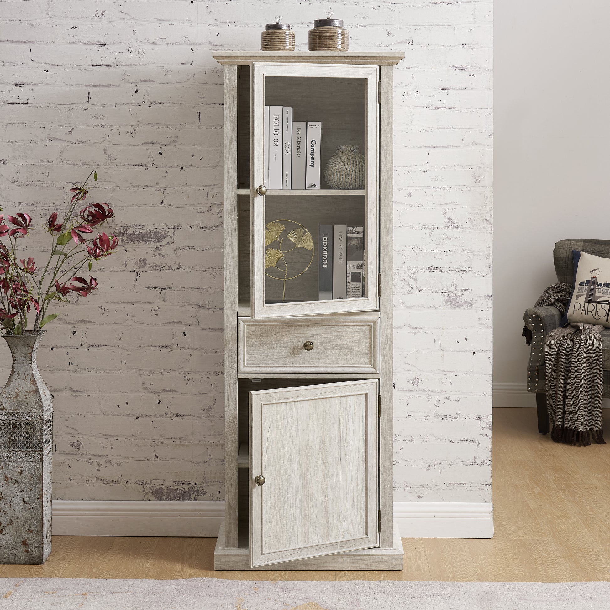 Tall Storage Cabinet, Freestanding Cabinet With Glass Door And Shelves, Sideboard Cabinet, Cabinet With Drawer For Living Room, Kitchen, Dining Room, Office, White White Mdf Glass