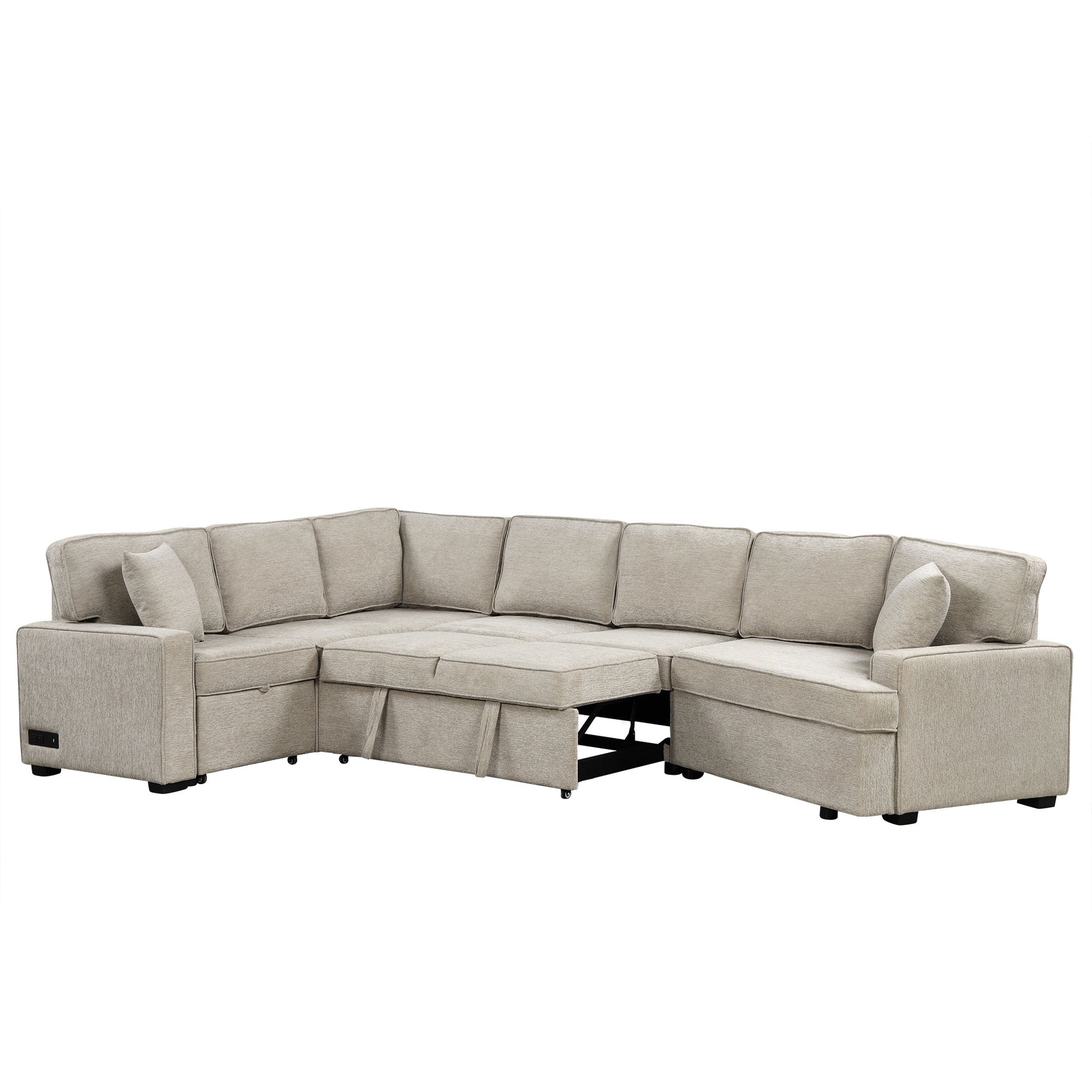 126" L Shaped Sofa Sectional Sofa Couch Pull Out Sofa Bed With Charging Devices And Cup Holders For Living Room, Beige Beige Foam Chenille 6 Seat