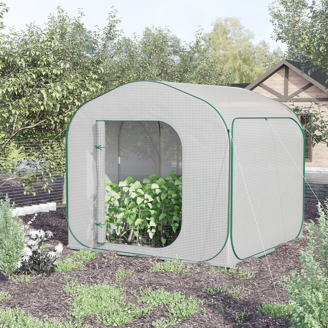 Outsunny 7' X 7' X 6' Portable Walk In Greenhouse, Pop Up Setup, Outdoor Garden Hot House, Hobby Greenhouse Tent With Zipper Door For Growing Flowers, Herbs, Vegetables, Saplings, Succulents, White