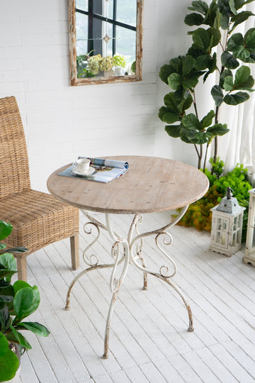 D31.5X31.5" Round Wooden Table With Metal Scrollwork Legs, White White Washed Art Deco,Boho,Farmhouse,French Country,Modern Wood Stainless Steel