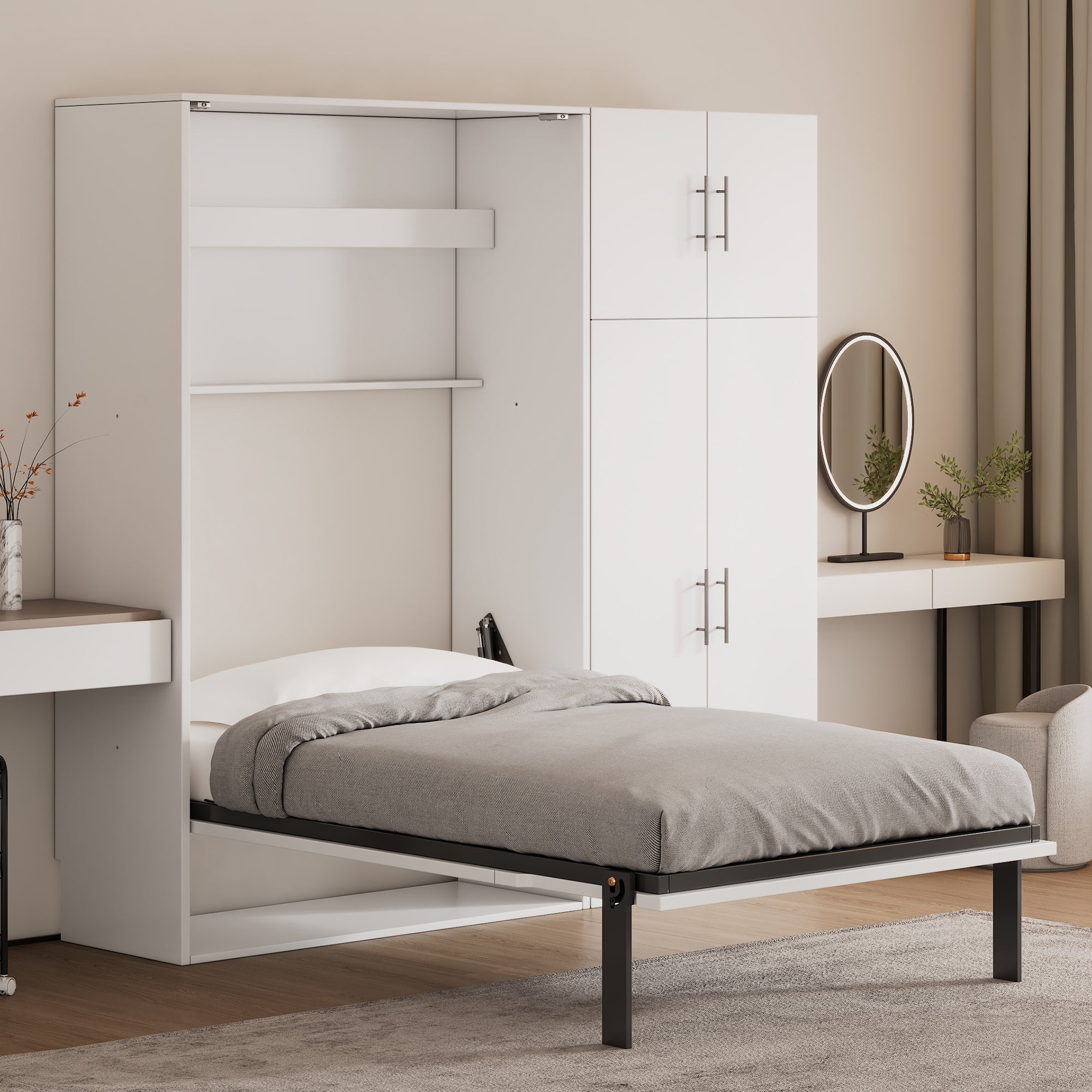 Twin Size Murphy Bed With Lockers And Wardrobes, White Box Spring Not Required Twin White Murphy Solid Wood Mdf