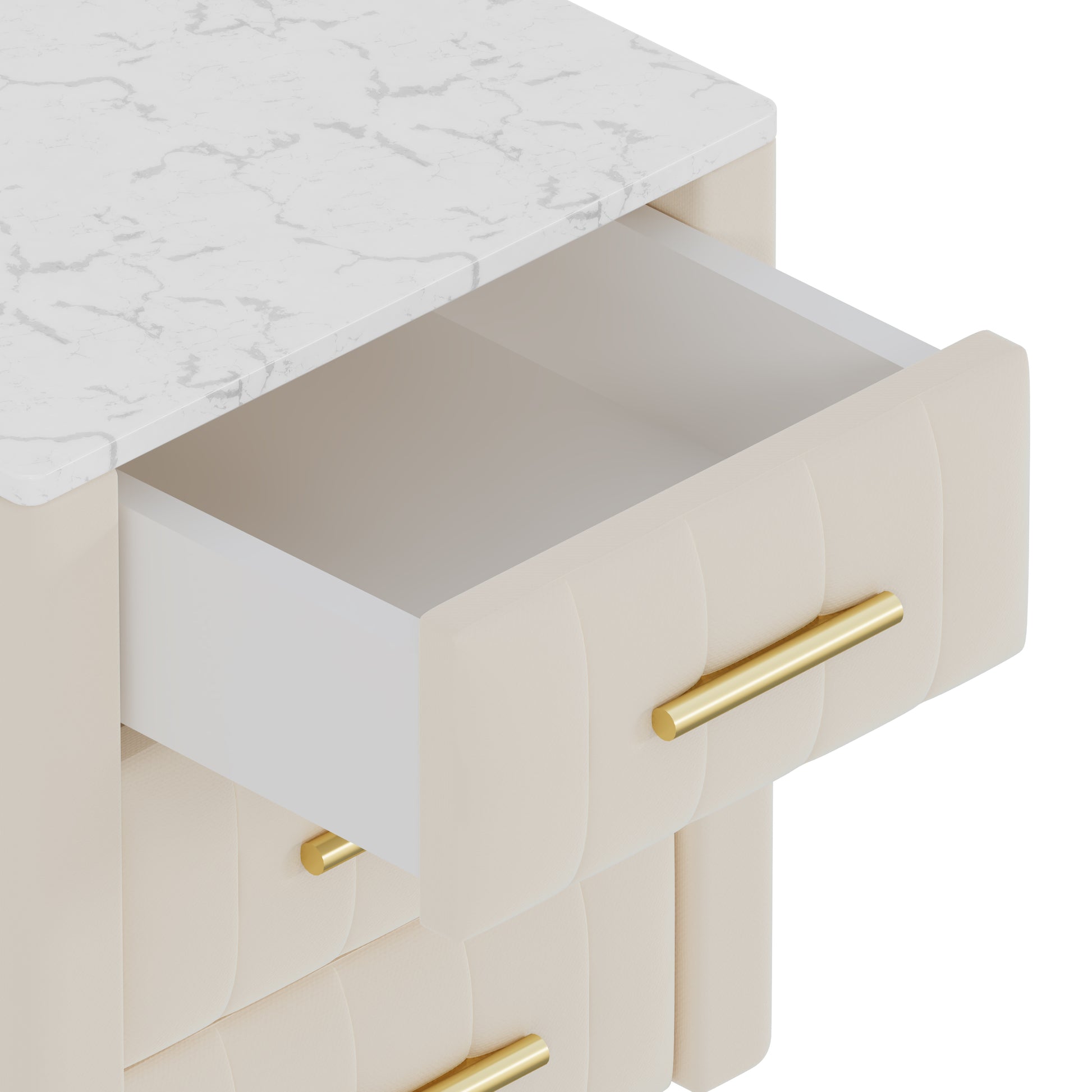 Upholstered Wooden Nightstand With 3 Drawers And Metal Legs&Handles, Bedside Table With Marbling Stickers Worktop Beige Beige Velvet