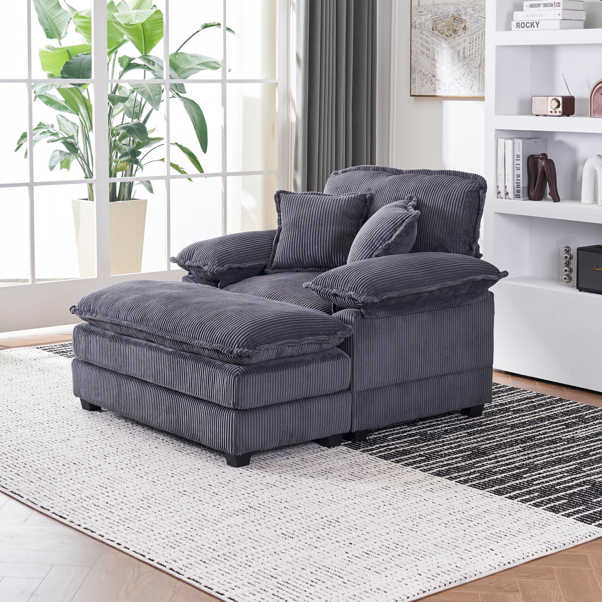 56.3 Inch Corduroy Single Sofa With 2 Toss Pillows And A Ottoman ,Comfy Sofa Deep Seat Couch For Living Room Grey Foam 1 Seat