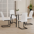 Table And Chair Set.A Modern Minimalist Style Round Clear Tempered Glass Table With Black Metal Legs.Paried With 4 Chairs With Modern Pu Leather High Back Upholstered And C Tube Black Metal Legs. White Black Seats 4 Glass Metal