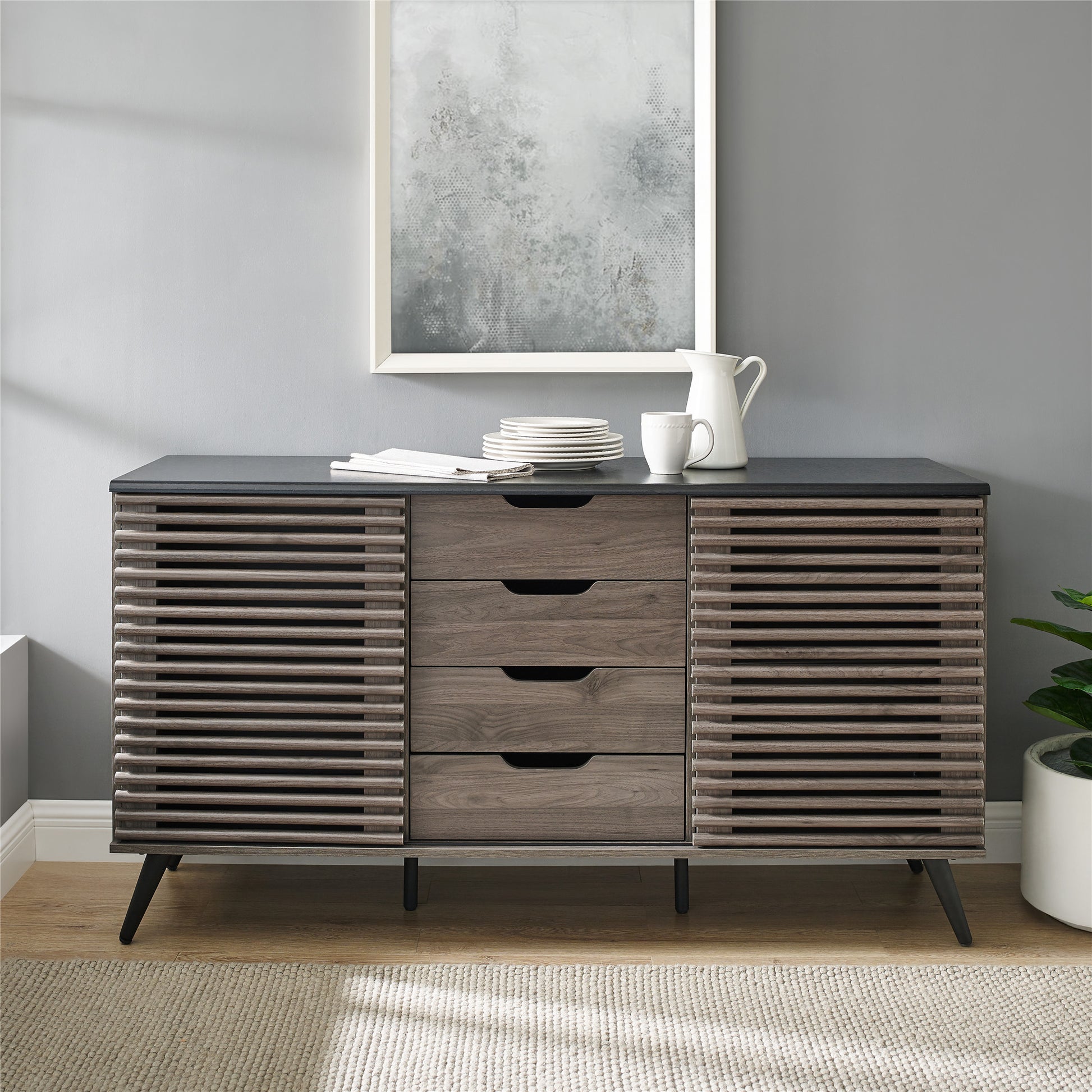 Contemporary Sliding Slat Door Sideboard Ebony Slate Grey Ebony Mdf