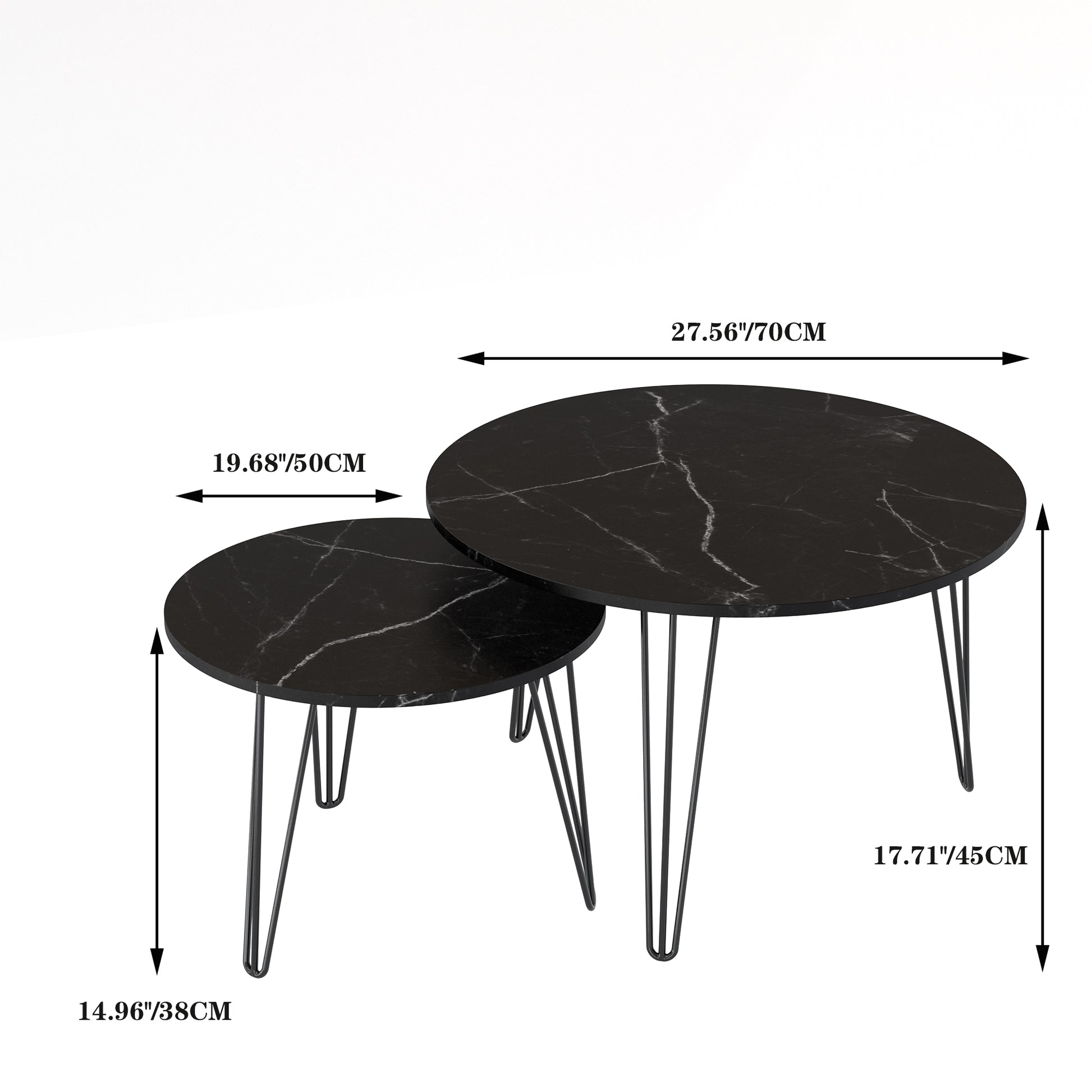 27.56'' Round Nesting Coffee Table Set Of 2, Circular Nesting End Table Set, Round Marble Tabletop, And Sturdy Metal Base For Living Room, Bedroom, Black Black Round Wood Metal