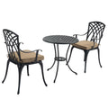 3 Piece Bistro Table Set Cast Aluminum Outdoor Patio Furniture With Umbrella Hole And Grey Cushions For Patio Balcony, Black Black Aluminium