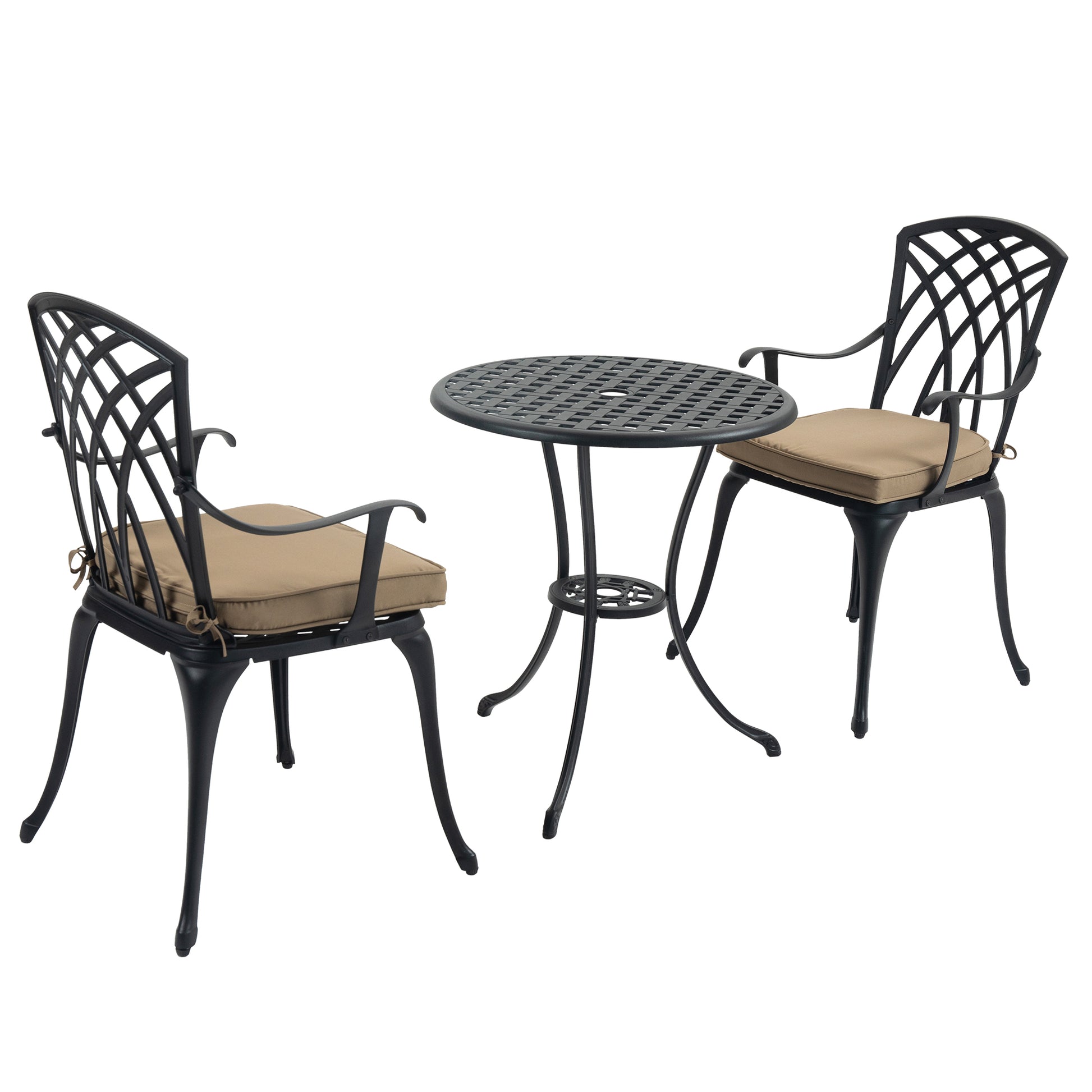 3 Piece Bistro Table Set Cast Aluminum Outdoor Patio Furniture With Umbrella Hole And Grey Cushions For Patio Balcony, Black Black Aluminium