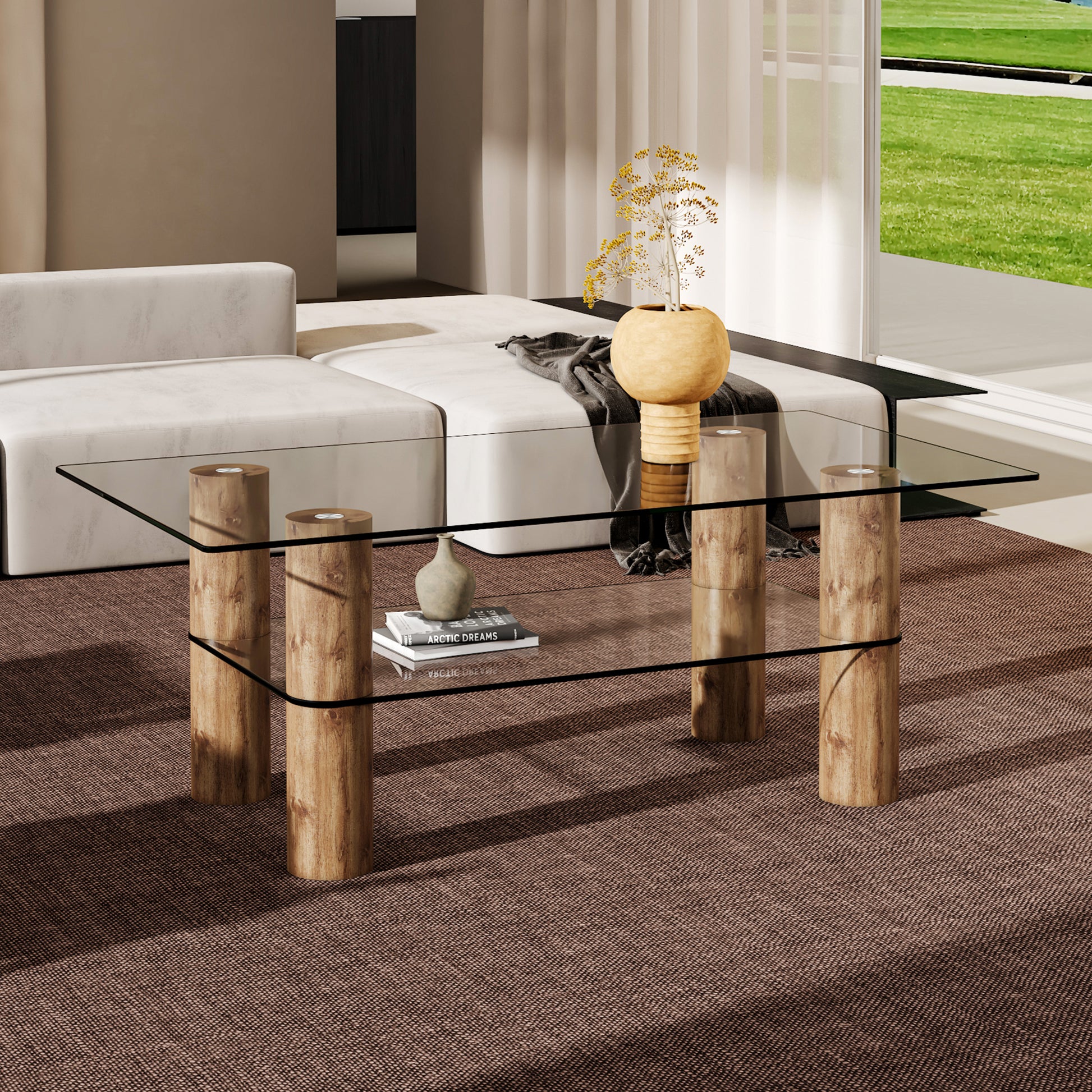 Modern Minimalist Double Layer Transparent Tempered Glass Coffee Table And Coffee Table, Paired With Wooden Mdf Decorative Columns. Computer Desk. Game Table. Ct X02 Transparent Glass