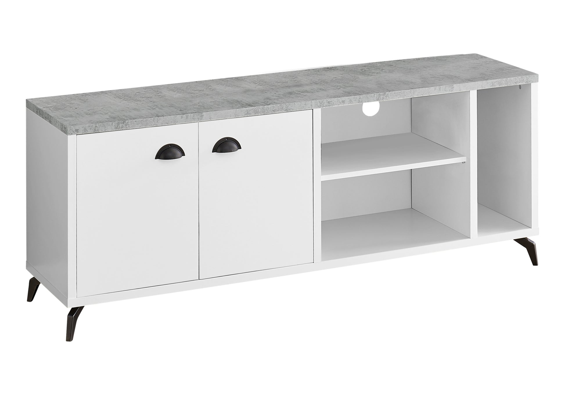 Tv Stand, 60 Inch, Console, Media Entertainment Center, Storage Cabinet, Living Room, Bedroom, White And Grey Laminate, Black Metal, Contemporary, Modern White 80 89 Inches Mdf