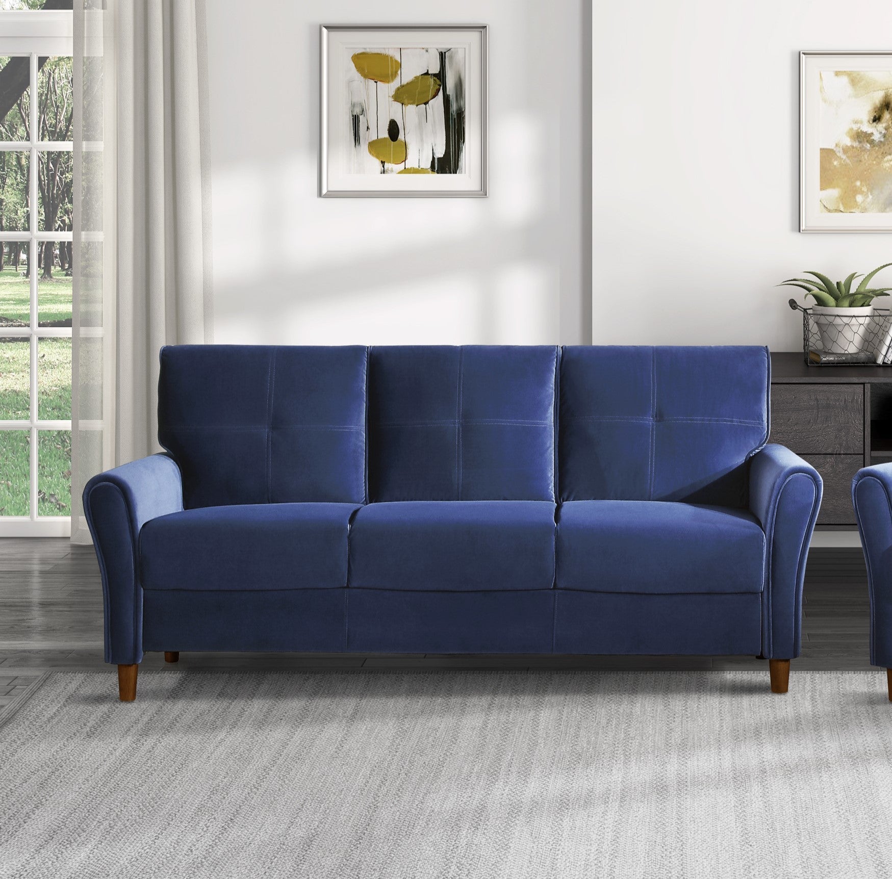 Blue Velvet Upholstery 1Pc Comfort Sofa Plush Seatbacks Tufted Detail Solid Wood Frame Modern Living Room Furniture Blue Velvet Wood Primary Living Space Modern Flared Arms Solid Wood 3 Seat