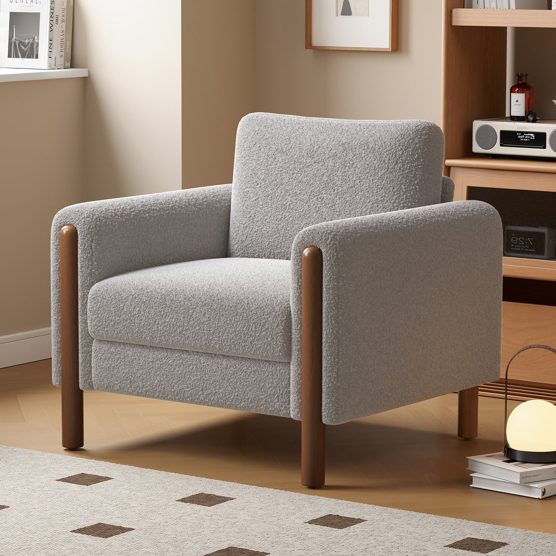 Oversized Accent Chair, Upholstered Living Room Chairs Single Sofa Chair With Walnut Legs, Curved Handrail, Grey Grey Teddy