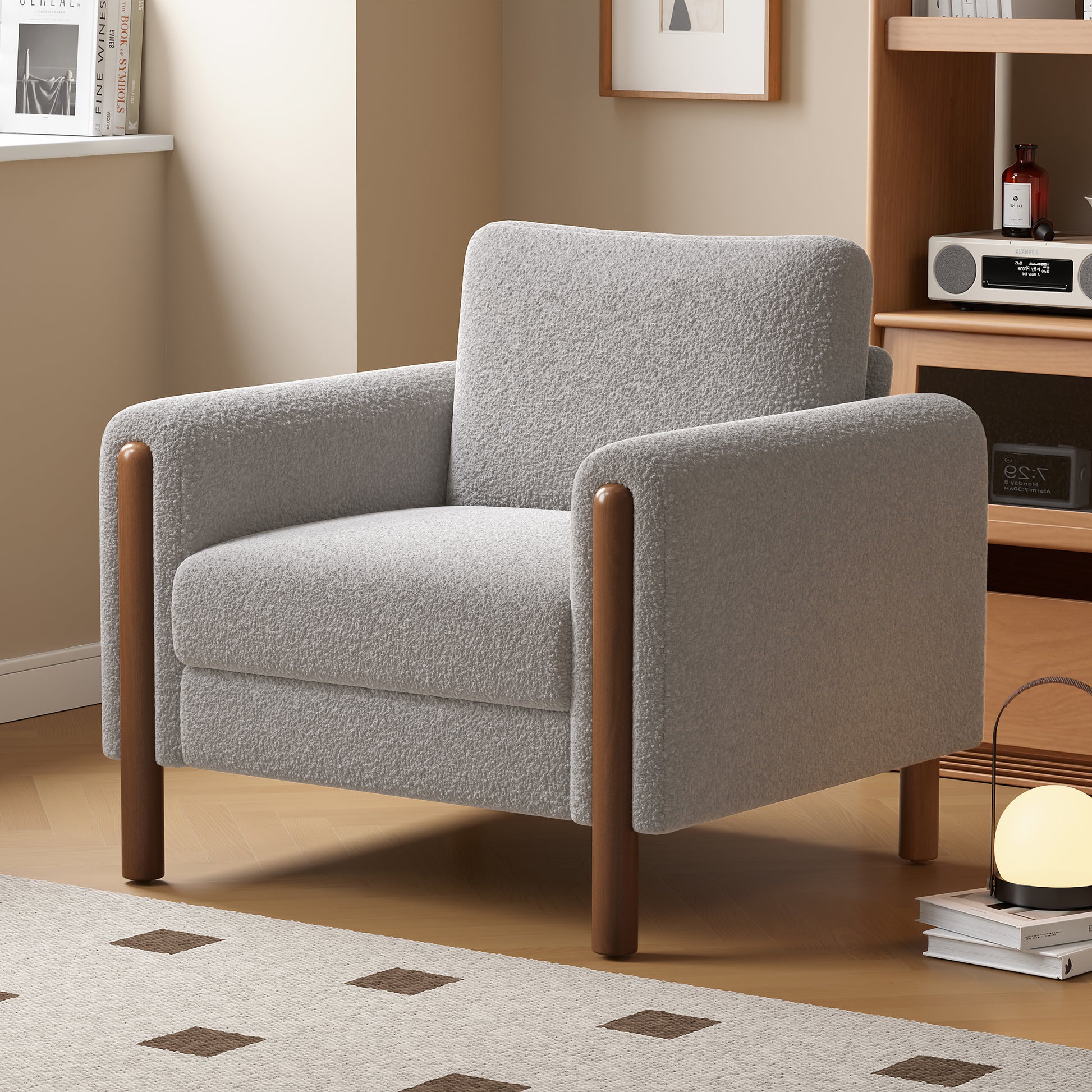 Oversized Accent Chair, Upholstered Living Room Chairs Single Sofa Chair With Walnut Legs, Curved Handrail, Grey Grey Teddy