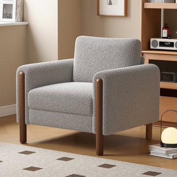 Oversized Accent Chair, Upholstered Living Room Chairs Single Sofa Chair With Walnut Legs, Curved Handrail, Grey Grey Teddy