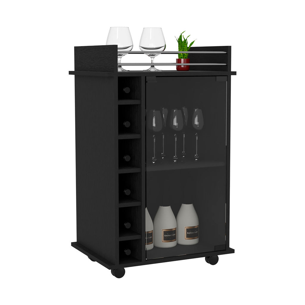 Bar Cart, Glass Door, Four Casters, Two Shelves, Black Black Particle Board Particle Board