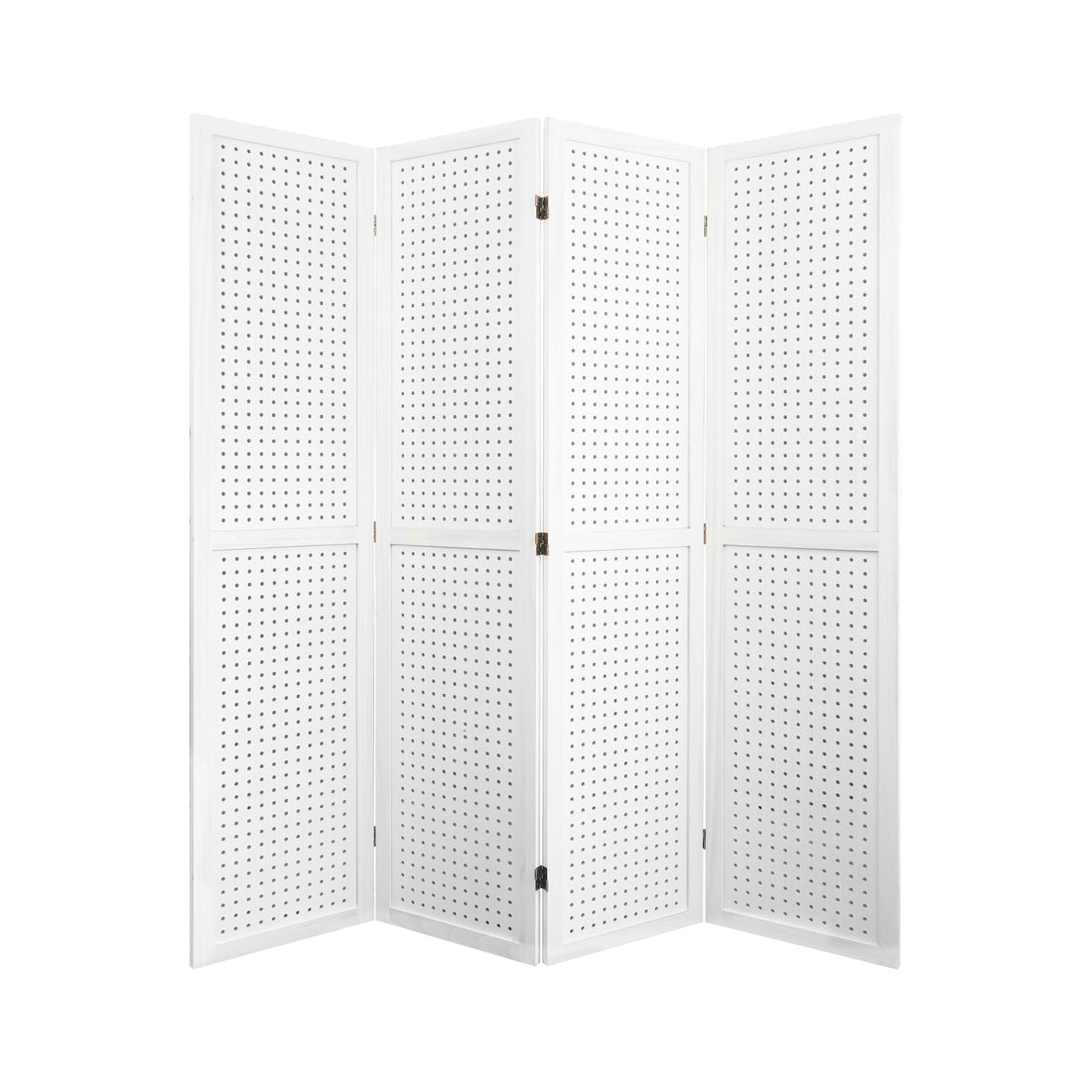 4 Panel Room Divider, 5.6Ft Pegboard Display Wooden Room Divider Folding Privacy Screen Room Divider Freestanding Peg Board Display For Trade Show Craft Show Home Wall Organizer, Elegant White White Modern Wood