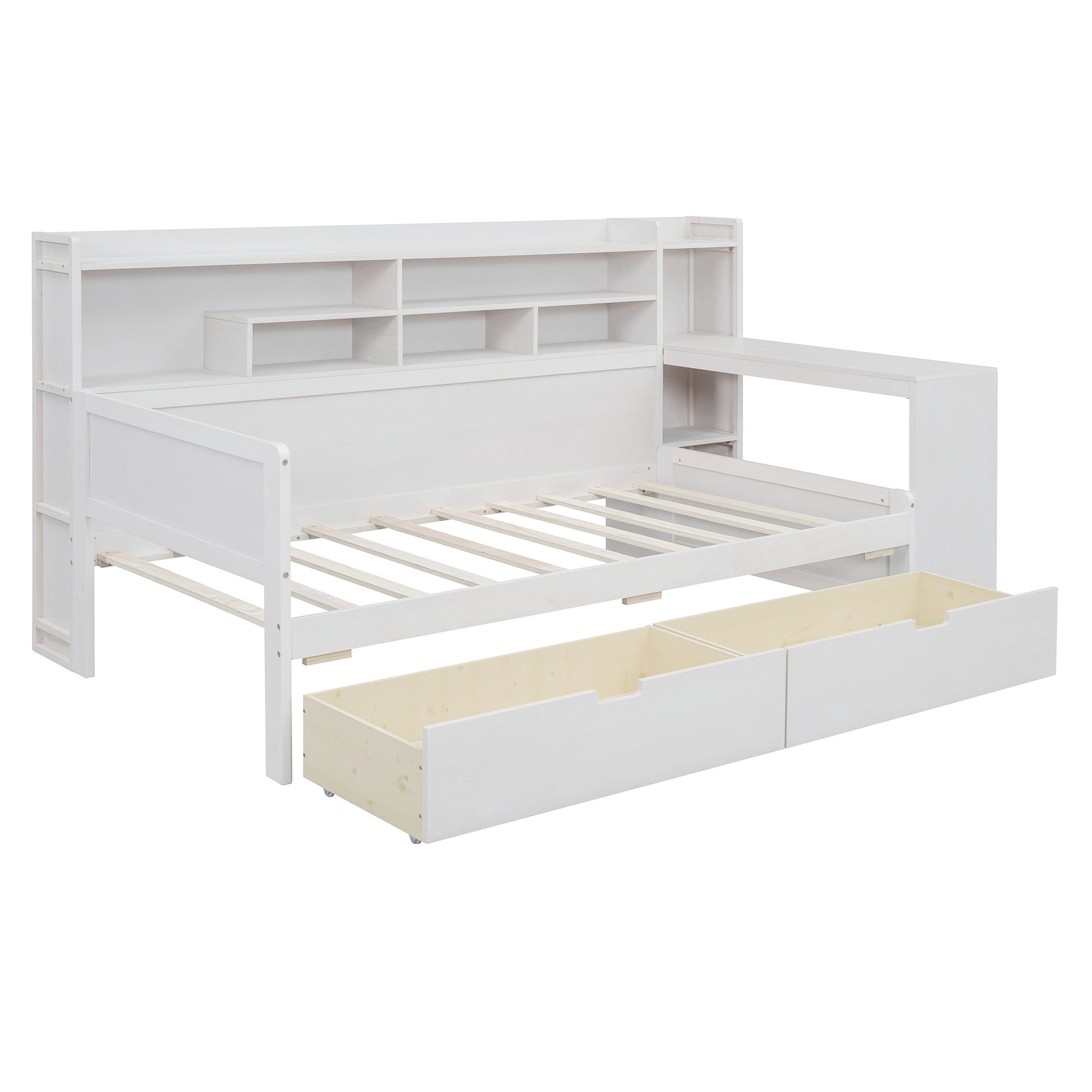 Wooden Twin Size Daybed With Storage Shelves, Multi Functional Bed With Two Storage Drawers And Study Desk, Antique White Twin Antique White Wood