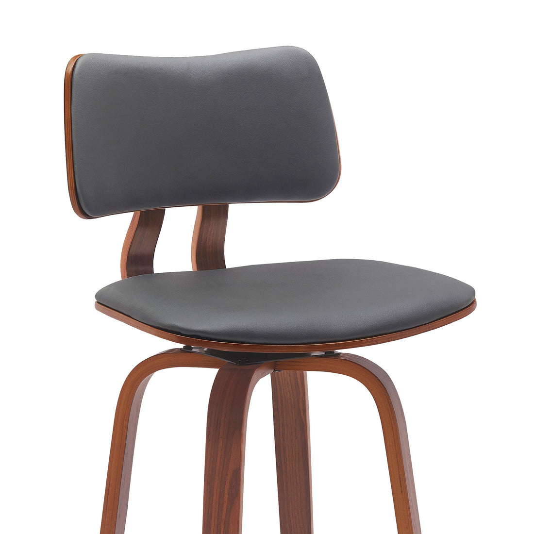 Pino 30 Inch Swivel Barstool Chair, Gray Faux Leather, Walnut Brown Wood Grey Brown Wood