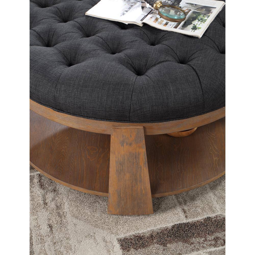 Wire Brushed Finish Natural Tone Dark Gray 1Pc Ottoman Transitional Style Deep Button Linen Like Tufted Seat Open Bottom Shelf Living Room Dark Gray Linen Primary Living Space Beige Contemporary,Rustic,Transitional Rubberwood Round Tufted Solid Wood