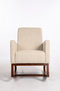 Mid Century Modern Accent Chair With Wood Frame, Upholstered Living Room Chairs With Waist Cushion, Reading Armchair For Bedroom Sunroom Grey White Linen