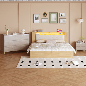 3 Pieces Bedroom Sets Queen Size Tufted Upholstered Platform Bed With Motion Activated Night Lights And Usb Charger, Modern Storage Nightstand And Dresser, Natural Queen Natural 3 Piece Set Wood