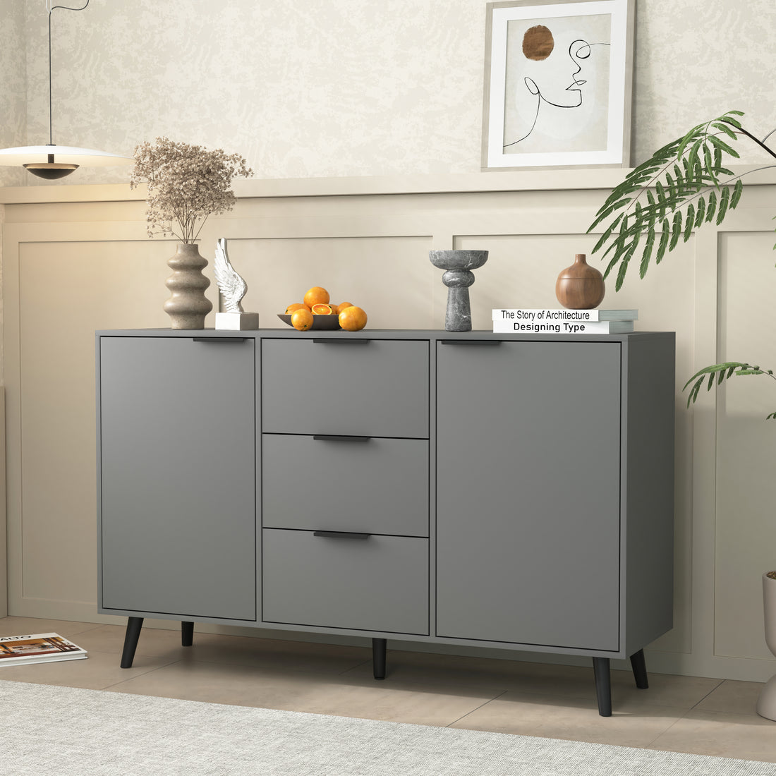 Sideboard Buffet Cabinet With Storage, Wood Coffee Bar Cabinet, 47.2" Kitchen Cabinet With 3 Drawers & 2 Doors, Kitchen Buffet Cabinet Cupboard Gray 5 Or More Spaces Gray Particle Board