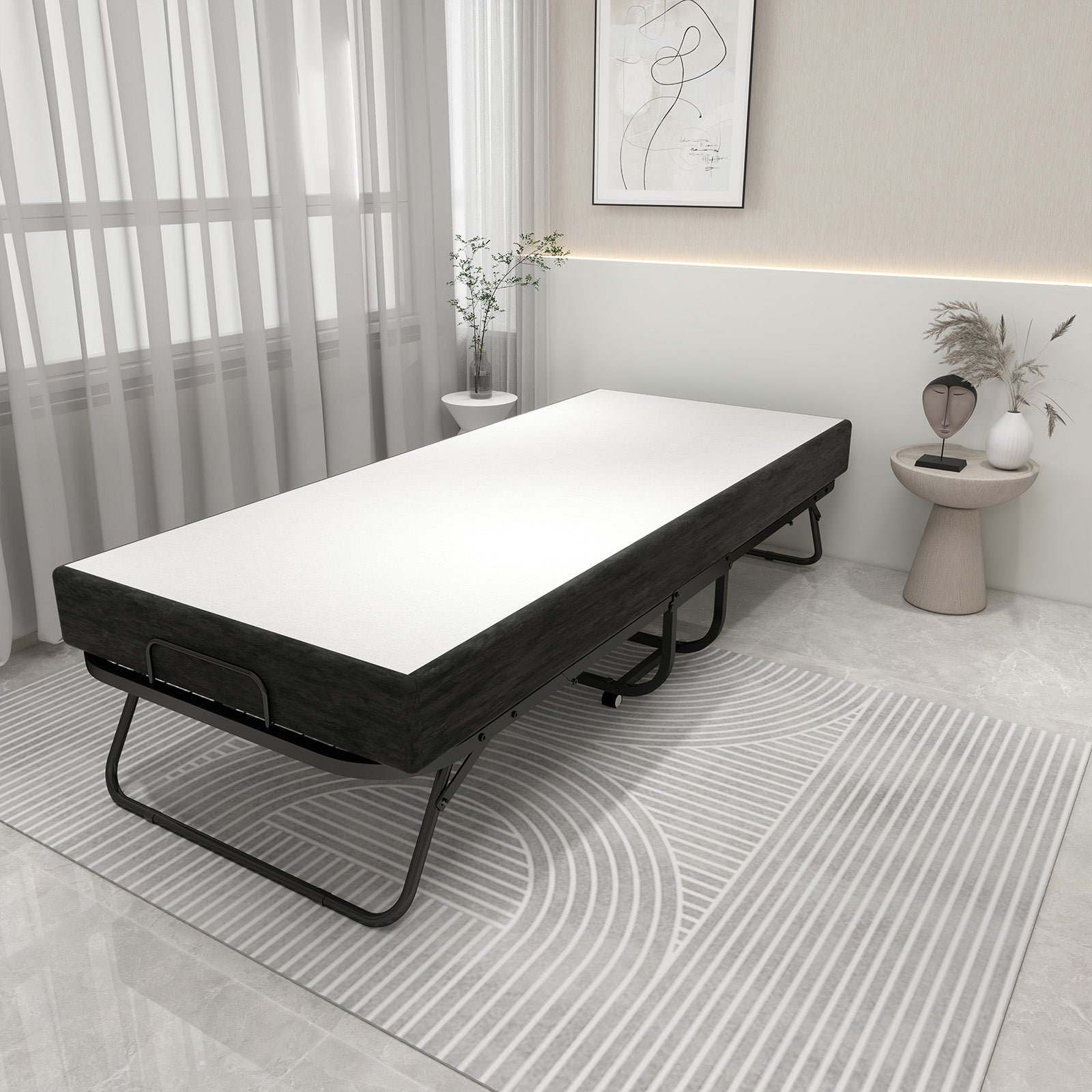 Deluxe Diplomat Folding Bed Twin Size With Luxurious Memory Foam Mattress And A Super Strong Sturdy Frame White Black Metal