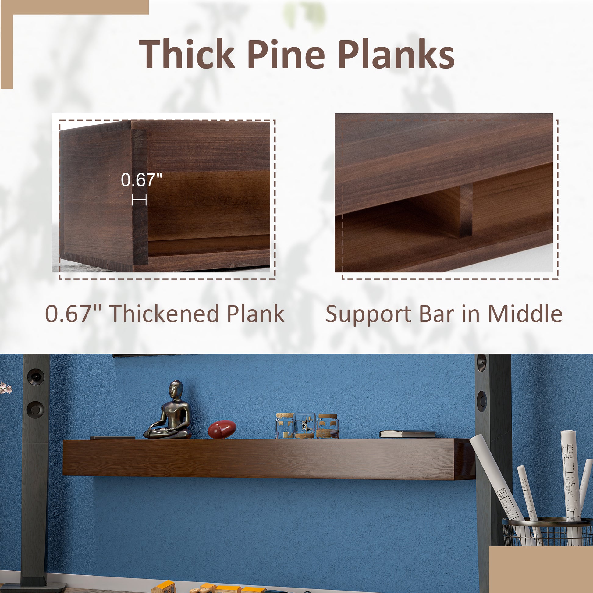 72'' Fireplace Mantel Wooden Wall Mounted Floating Shelf 8" Deep Solid Pine Wood,Brown Brown Metal & Wood