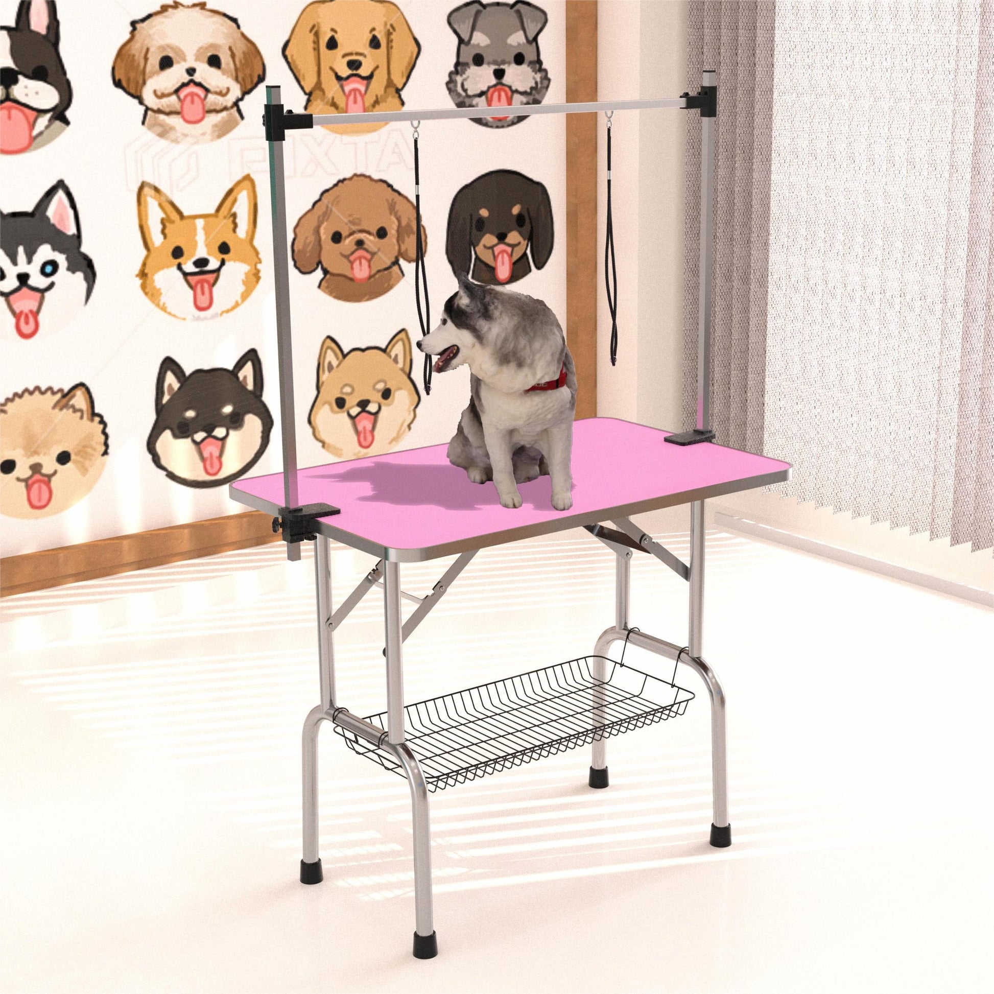 42" Folding Dog Pet Grooming Table Stainless Steel Frame Rubber Mat On Board With Adjustable Arm And Clamps Pet Dog Cat Grooming Table Pink Color Pink Rubber Stainless Steel