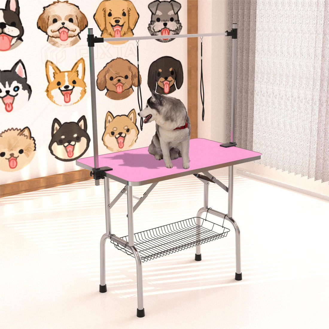 36" Folding Dog Pet Grooming Table Stainless Steel Frame Rubber Mat On Board With Adjustable Arm And Clamps Pet Dog Cat Grooming Table Pink Color Pink Rubber Stainless Steel