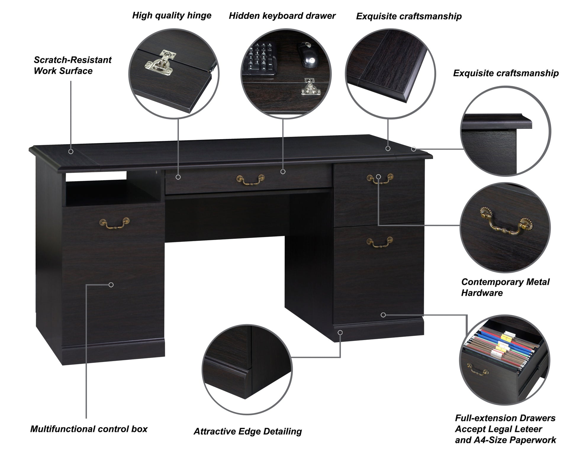 60" Writing Desk Base 60" Writing Desk Top Sophisticated Executive Desk With Espresso Finish, Hidden Keyboard Tray, And Adjustable Storage Espresso Solid Wood