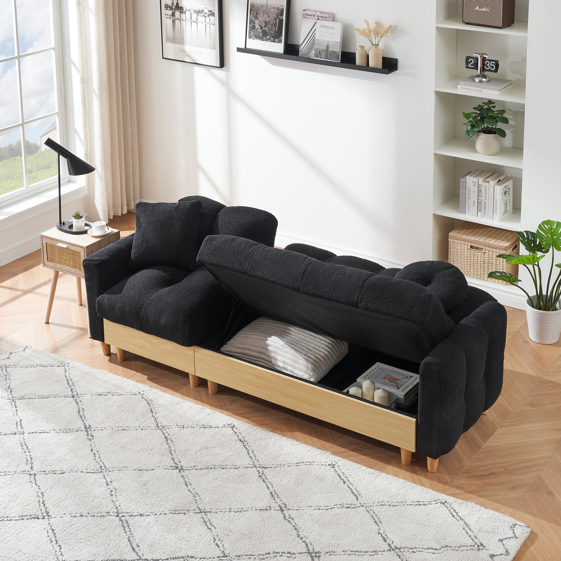 84.64 Inches Black Three Person Sofa Lift Sofa Bed With Locker Sofa Bed, Sofa Soft And Comfortable, Suitable For Bedroom, Living Room Black Teddy 3 Seat