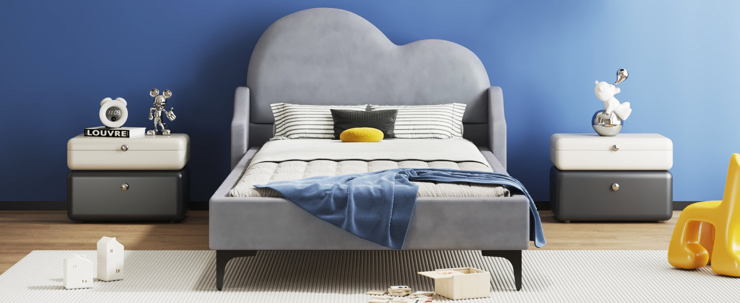 Twin Size Upholstered Platform Bed With Cloud Shaped Headboard, Gray Box Spring Not Required Twin Gray Bedroom Polyester Upholstered