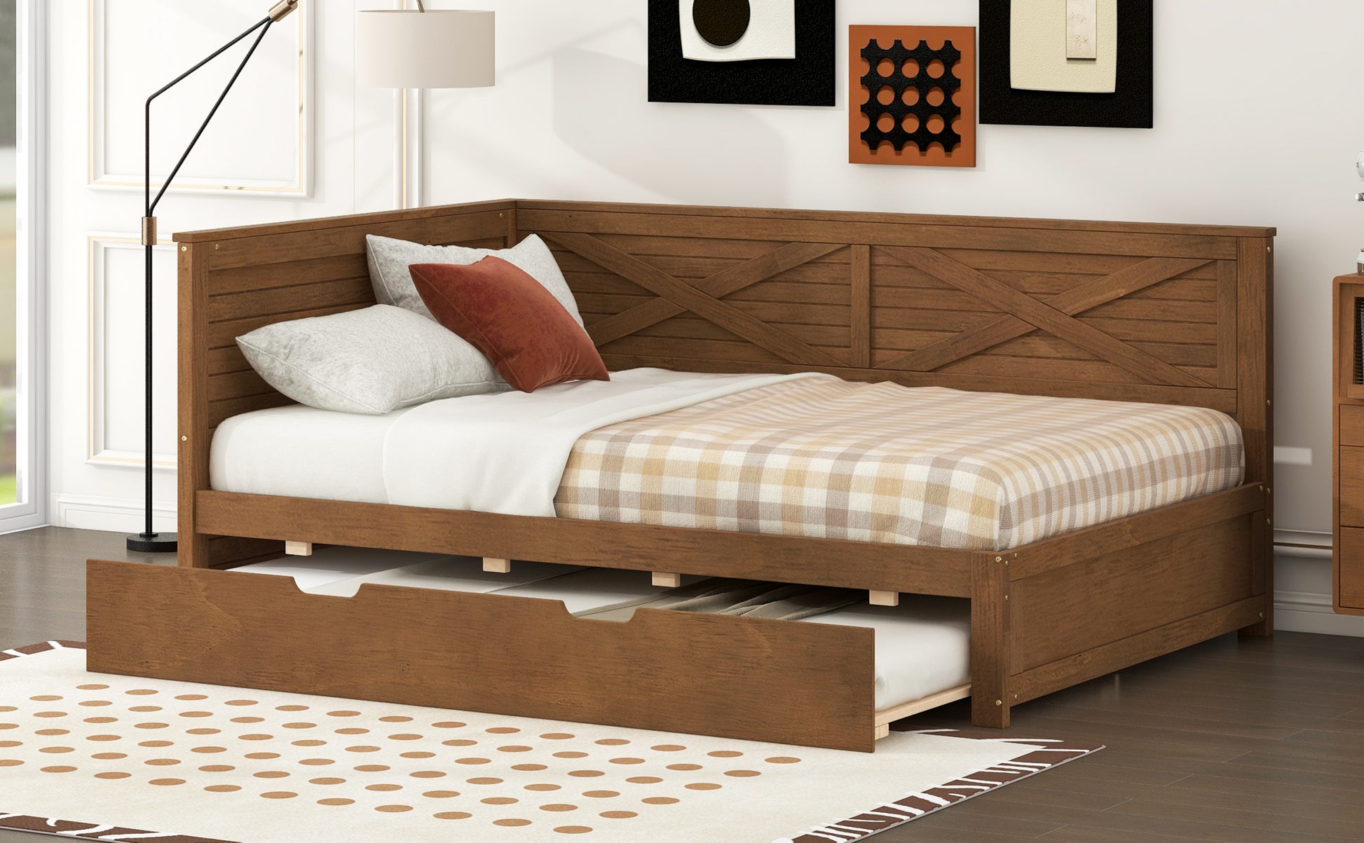 Twin Size Wood Daybed With Trundle And Rustic Guardrail, Ancient Brown Box Spring Not Required Twin Brown Wood Bedroom Solid Wood Mdf