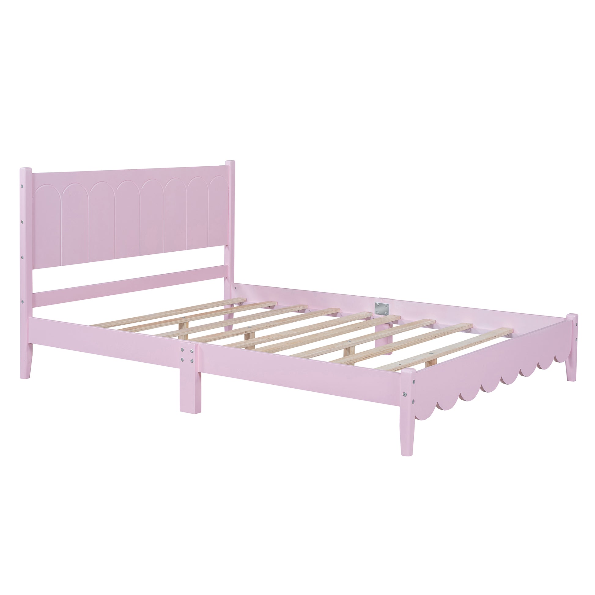 Full Size Wood Platform Bed Frame, Retro Style Bed With Rectangular Headboard,No Need Box Spring,Pink Full Pink Wood