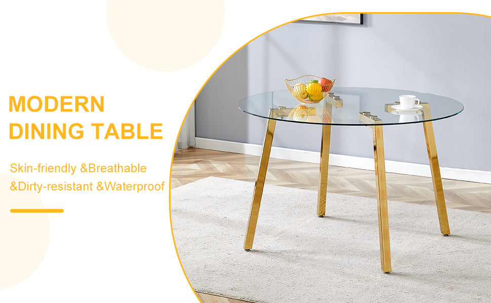 Modern Luxurious Round Tempered Glass Dining Table With Gold 7 Shaped Metal Legs,Suitable For Family Meals, Office Conferences, Or As A Casual Coffee Table For Various Occasions.47.3*47.3*29.5 Gold