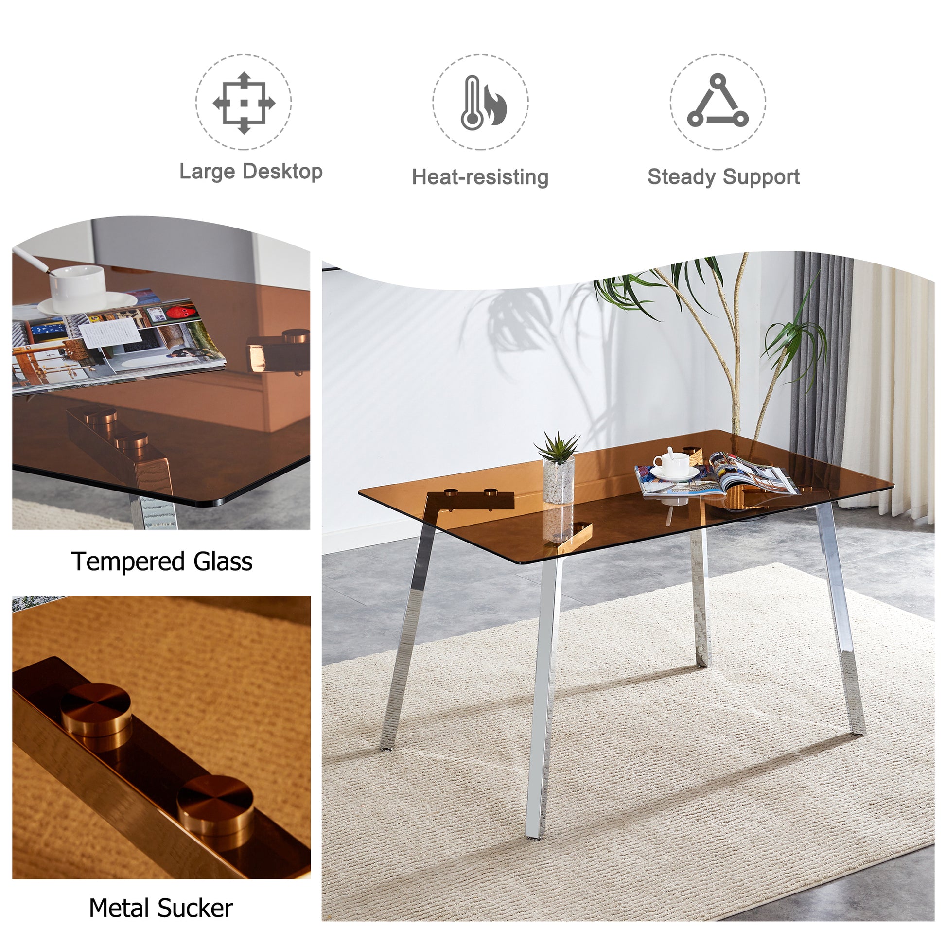 1 Table And 4 Chairs, Brown Tempered Glass Tabletop And Silver Metal Legs, Modern Minimalist Style Rectangular Glass Dining Table, Paired With 4 Modern Silver Metal Leg Chairs. 1123C 1162 Brown Seats 4 Glass