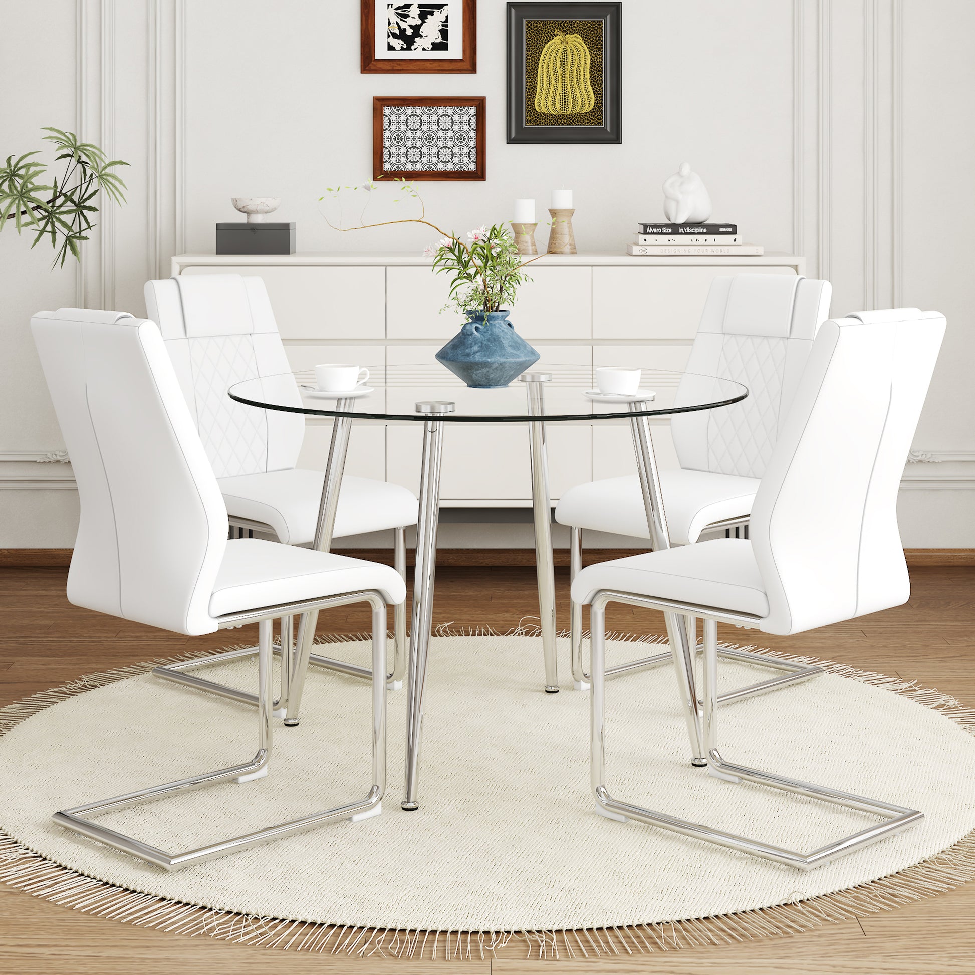 Table And Chair Set.A Modern Minimalist Round Dining Table With Transparent Tempered Glass Top And Silver Metal Legs,And 4 Chairs With Pu Backrest And Seat Cushion And Silver C Tube Metal Legs. Transparent,White Seats 4 Glass Metal